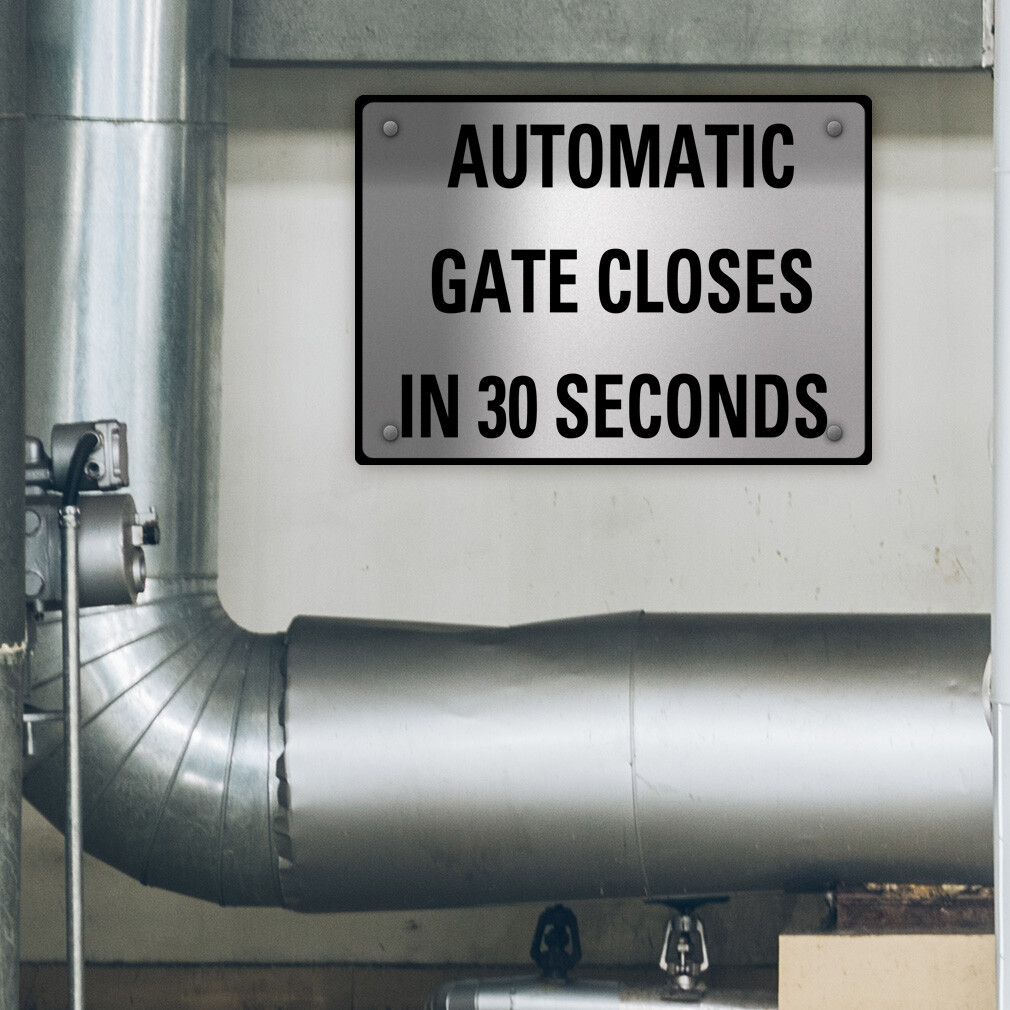 Aluminum Horizontal Metal Sign Automatic Gate Closes in 30 Seconds Activity Farm