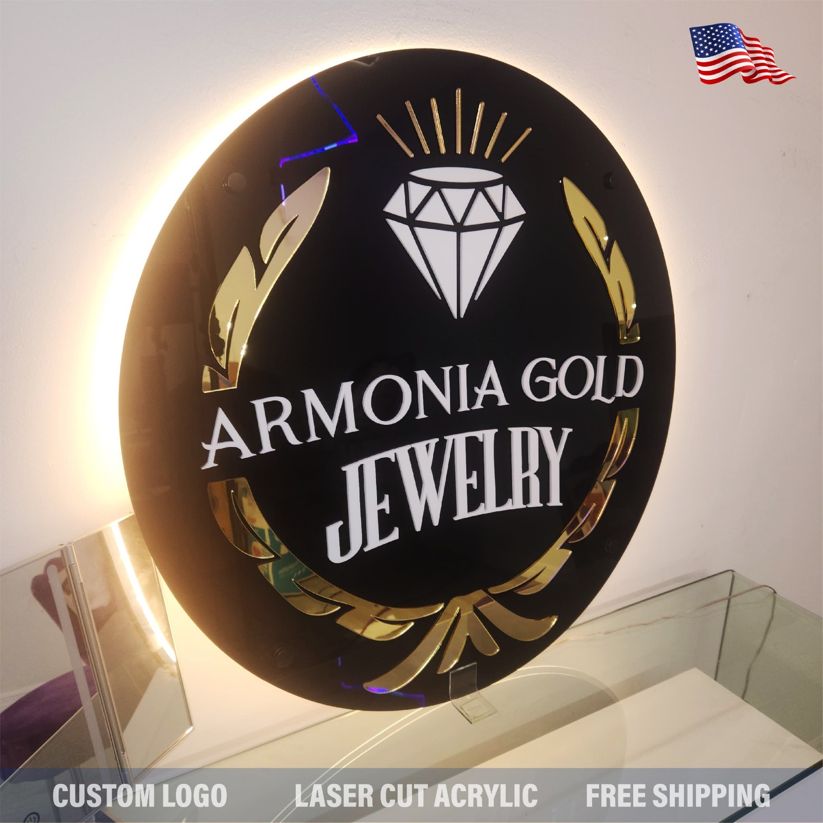 Custom Round Acrylic Logo Wall Sign LED Halo Backlit Mirror Finish