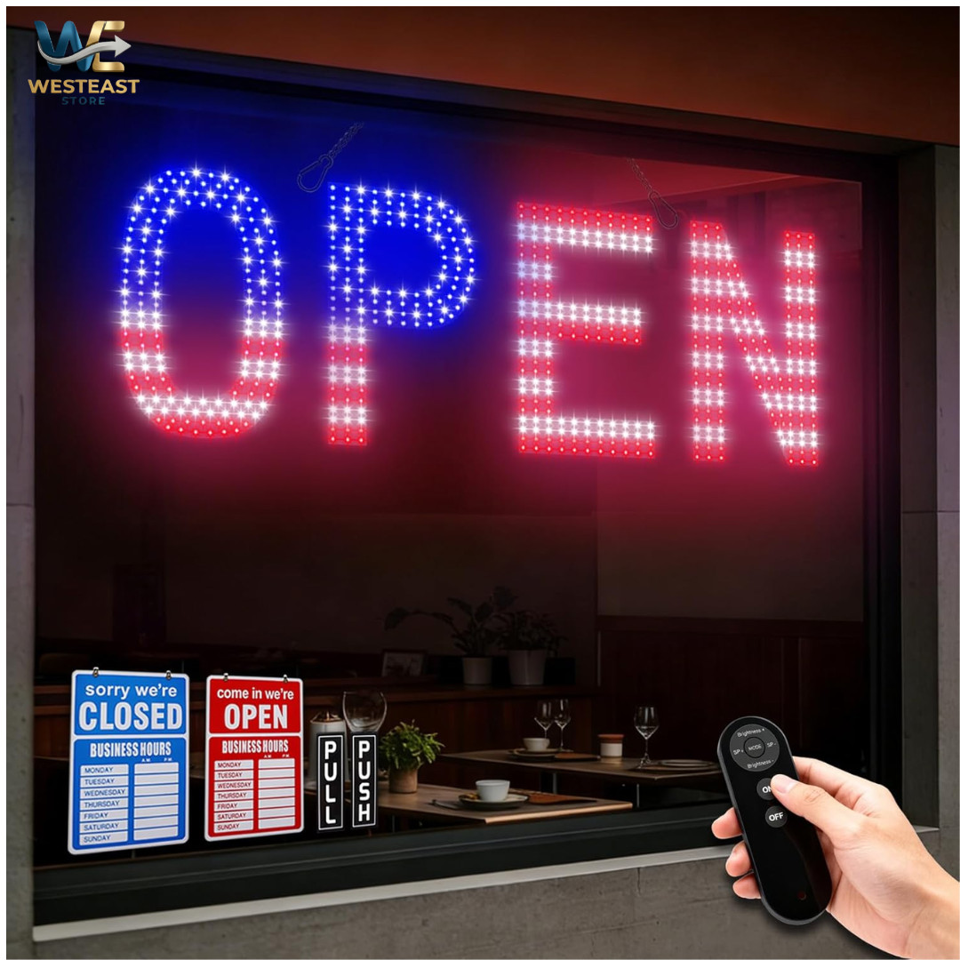 30×10 LED Open Sign For Business Ultra Bright US Flag Storefront Window Light