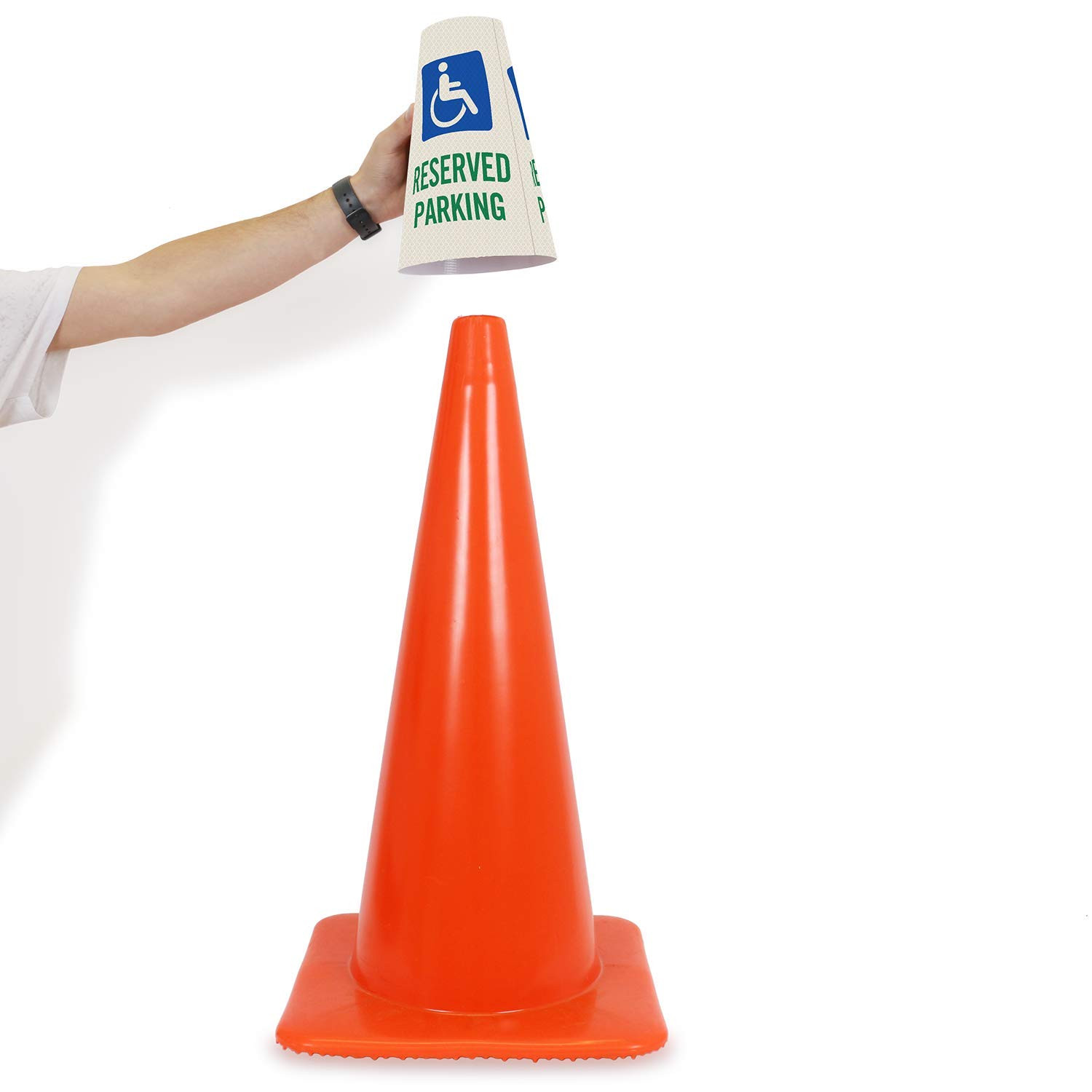 “Reserved Parking with Handicapped Symbol” Bright Reflective Cone Message Sleeve