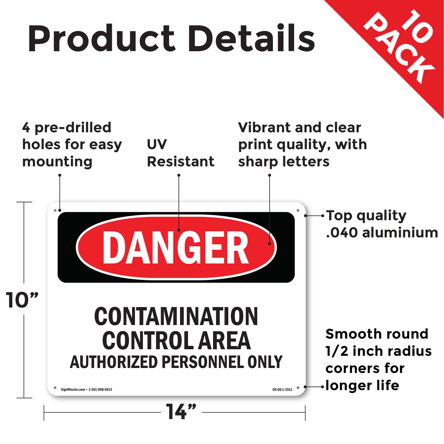 Contamination Control Area Authorized OSHA Danger Sign Or Decal – 5 or 10 Pack