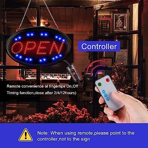 LED Open Sign 23×14 Inch Remote Timer Flash Steady Modes Plug In Window Wall