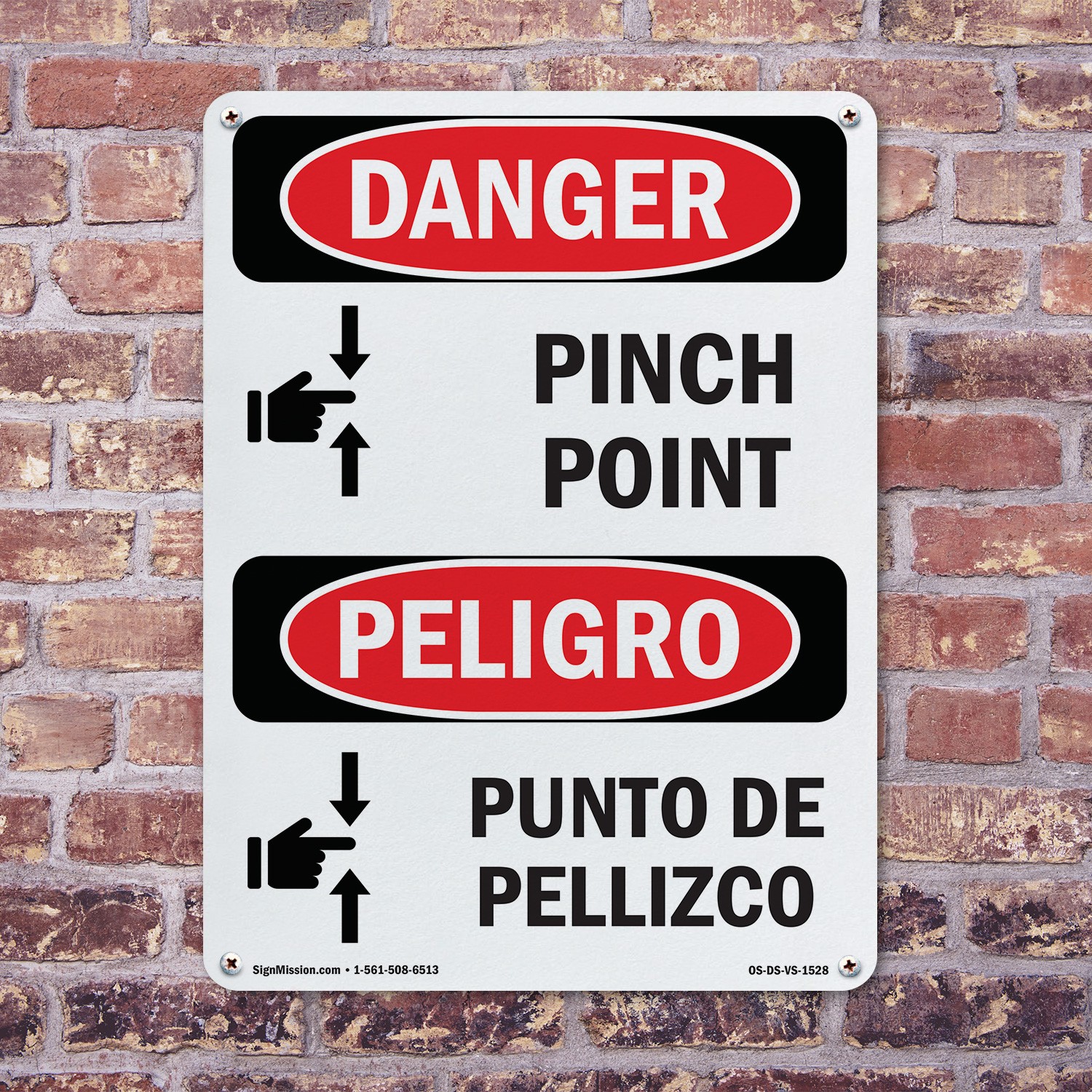 Pinch Point Bilingual OSHA Danger Sign Metal, Plastic, Or Decal – 5 or 10 Pack