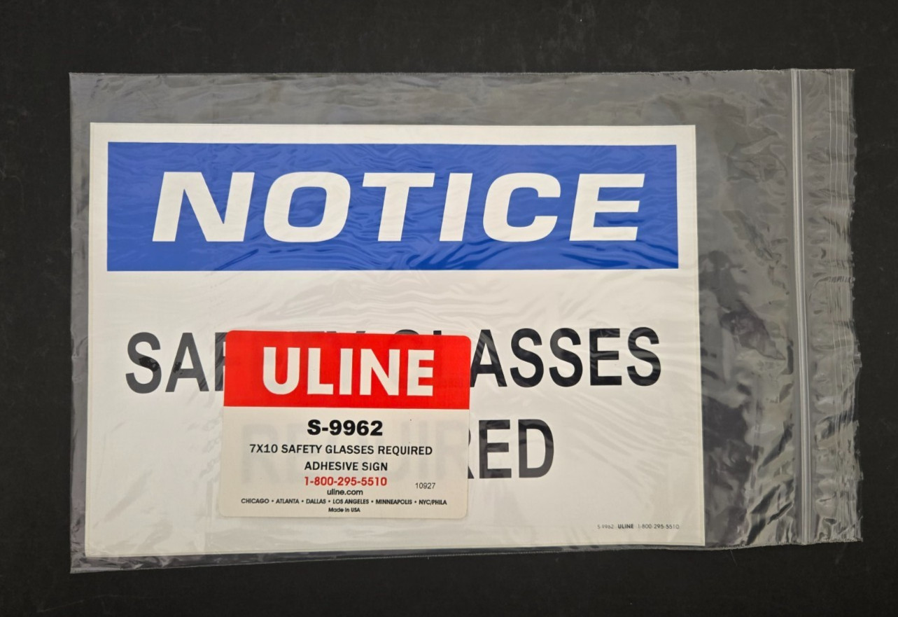 NOTICE SAFETY GLASS REQUIRED Adhesive Vinyl Sign Decal 7 x 10 S-9962 Uline USA