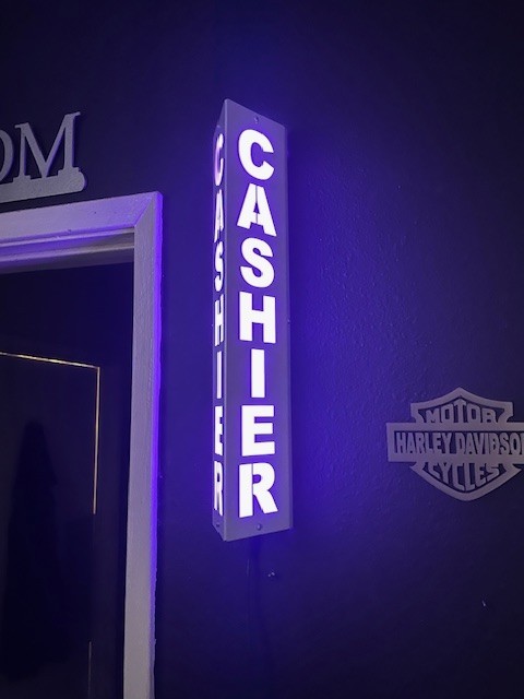 CASHIER Lighted LED Sign. 18 inch. Aluminum. 120V w/ Remote & Bluetooth.