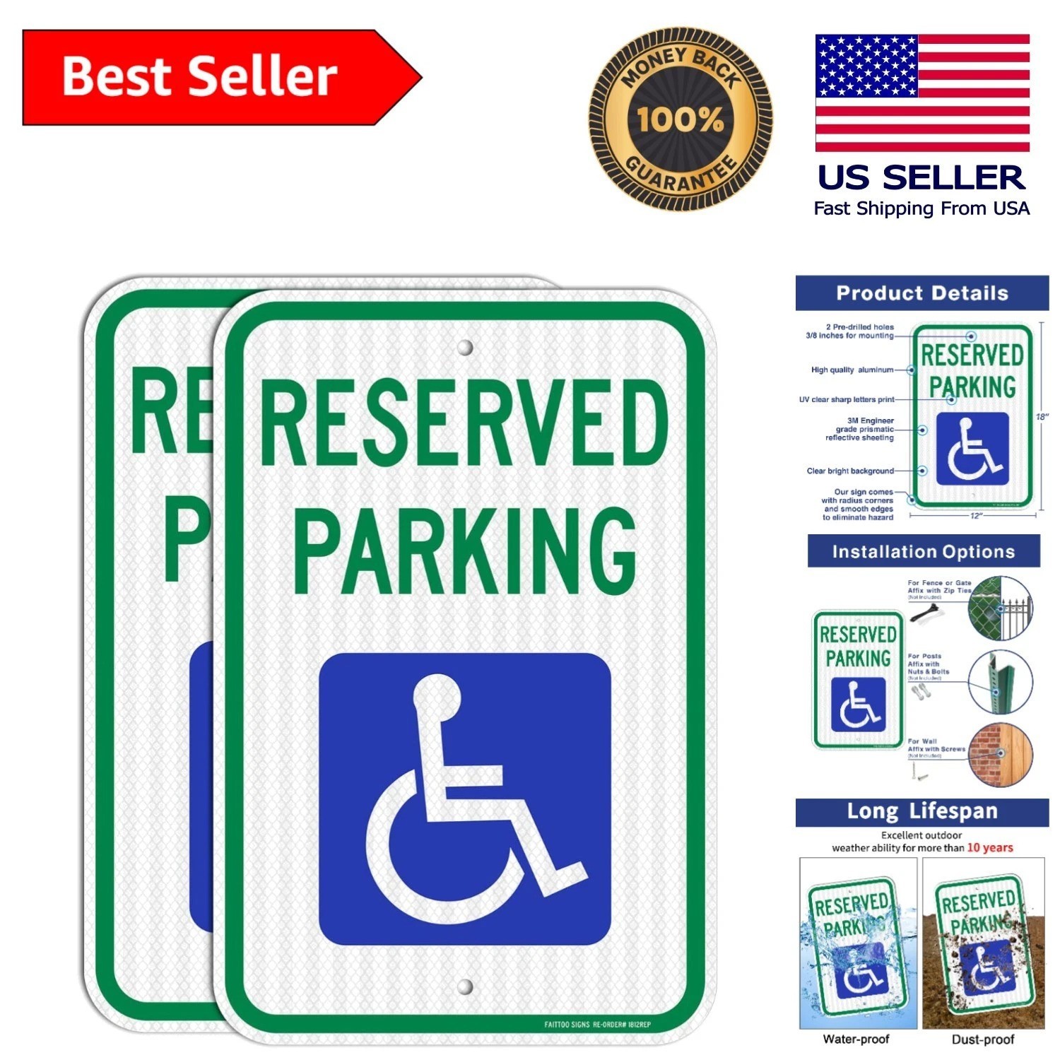 High Visibility 2 Pack Reserved Handicap Parking Signs – 18×12 for Easy Mounting