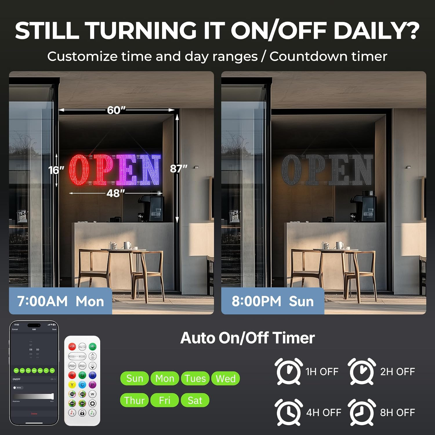 Large 48″ LED Open Sign with Remote, Timer & Custom Colors for Businesses