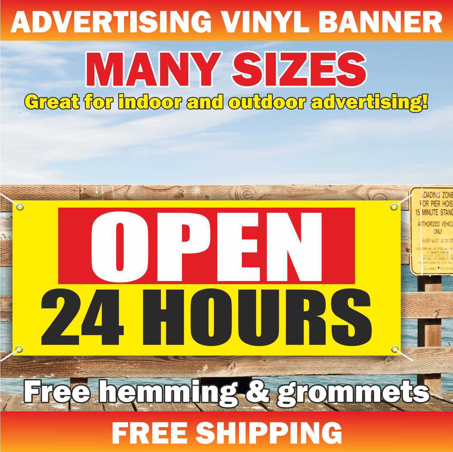 OPEN 24 HOURS Advertising Banner Vinyl Mesh Sign welcome now open grand opening