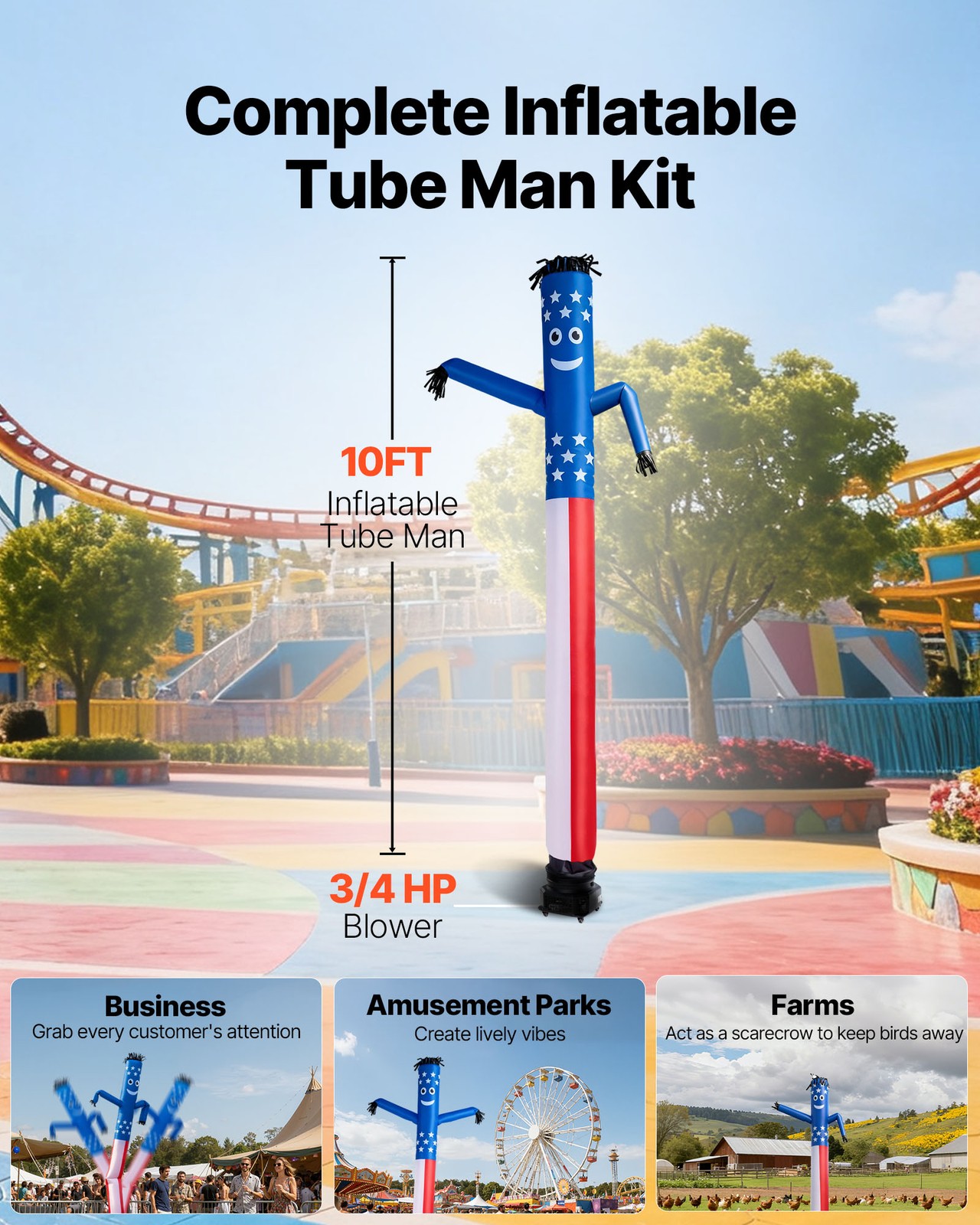 VEVOR Inflatable Tube Man with Blower Fan 3/4 HP 10 ft Wacky Waving Dancing Man