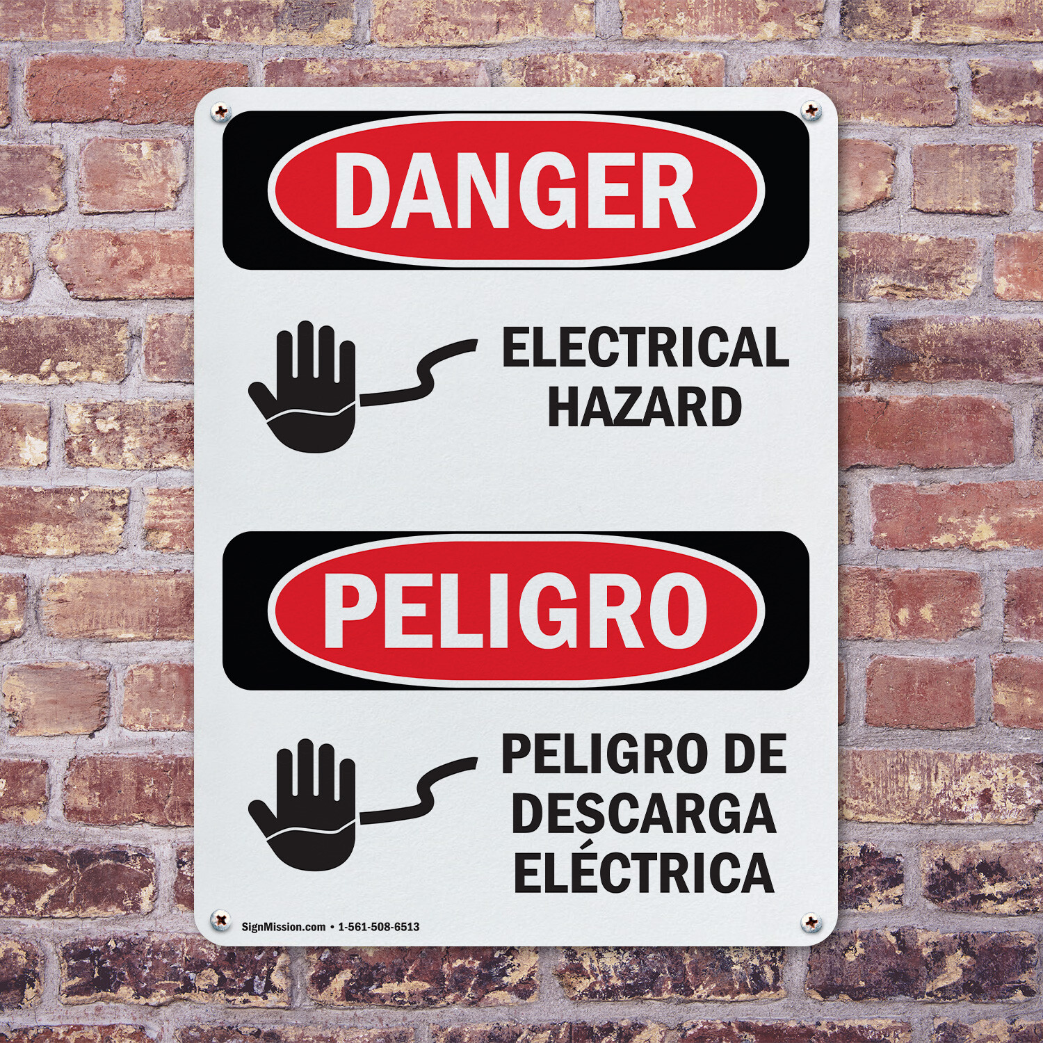 (2 Pack) Electrical Hazard Bilingual OSHA Danger Sign Decal Metal Plastic