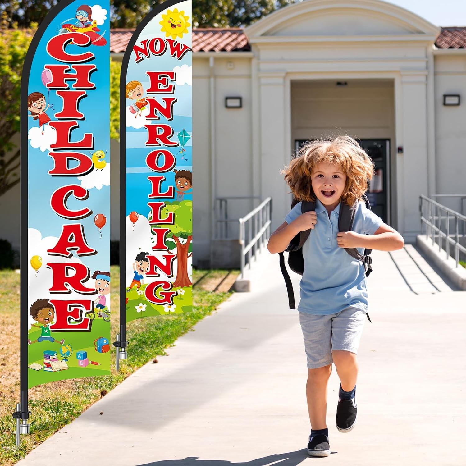 2 Pack 15ft x 2.5ft Now Enrolling Childcare Feather Flag Set Swooper Flag