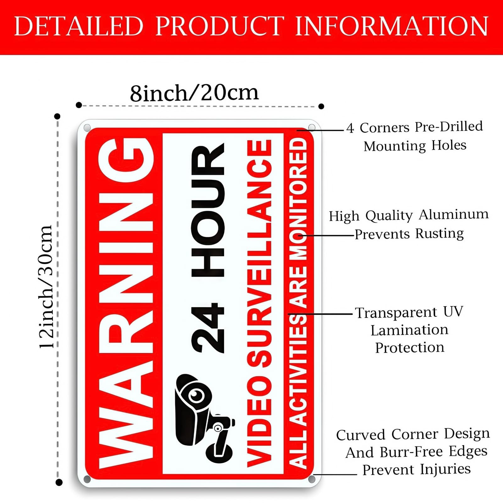 4 Pack Video Surveillance Signs, 24hr Monitoring No Trespassing Camera Sign