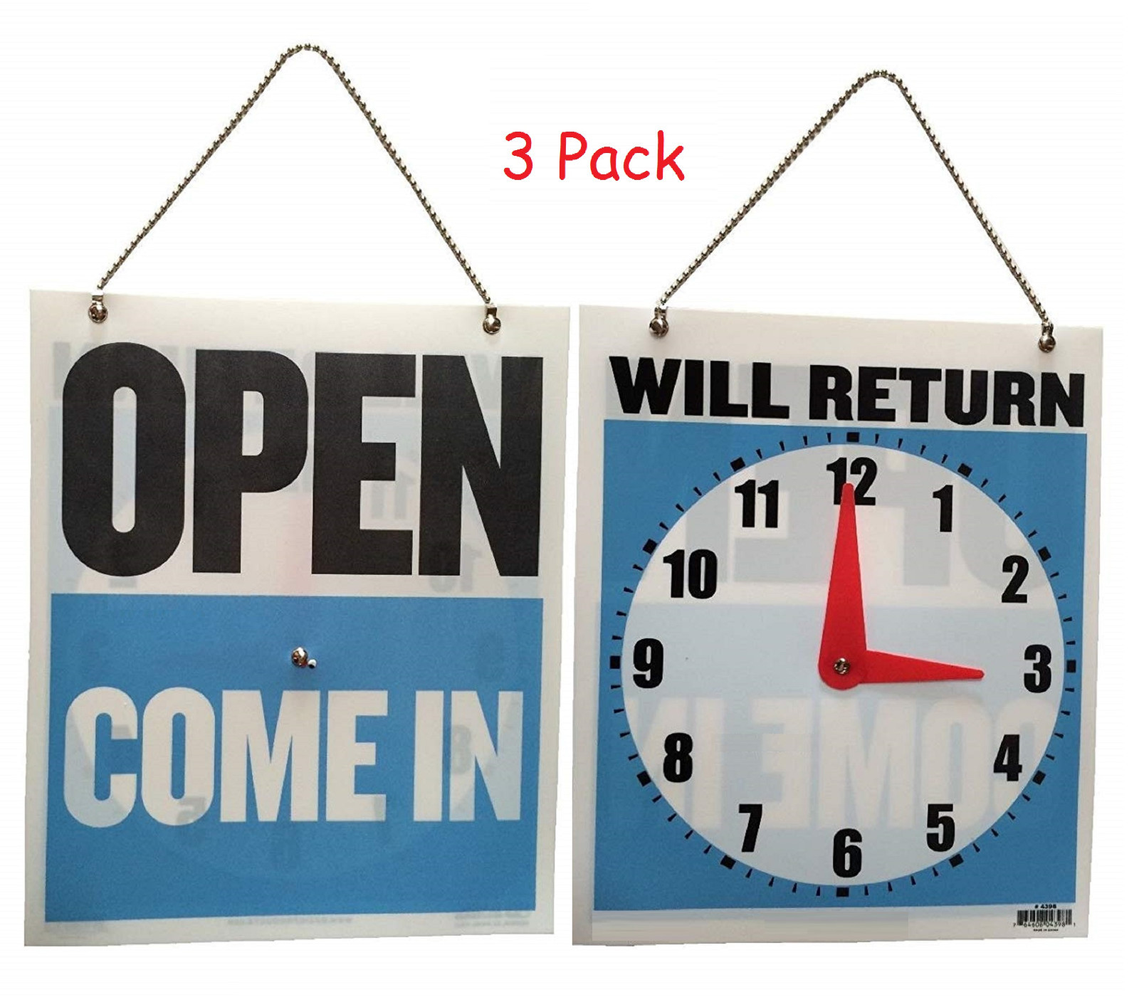 3x Come In/Open or Will Return Plastic Flip Sign with Clock Hands, 7.5 x 9 Inch