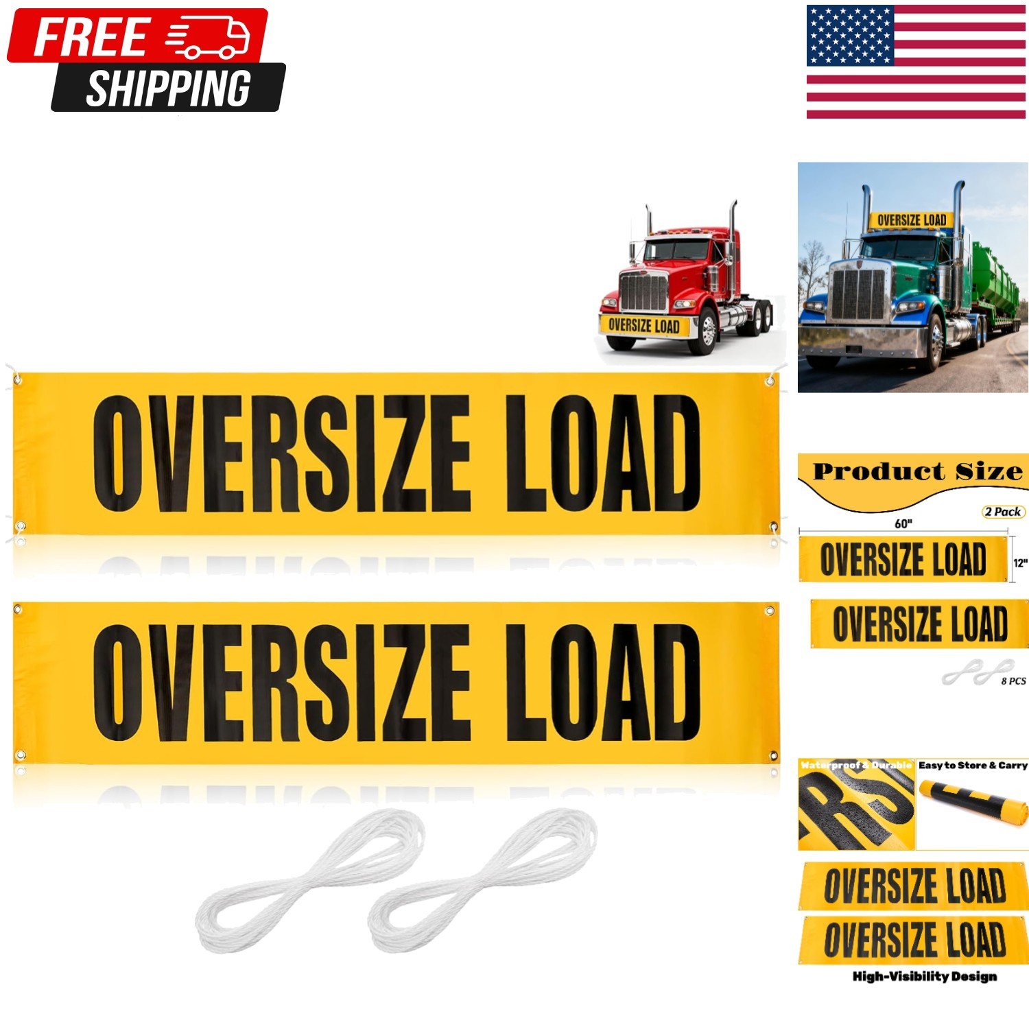 Oversize Load Sign Set for Trucks, 12×60 Inch Safety Mesh Banner, Yellow/Black