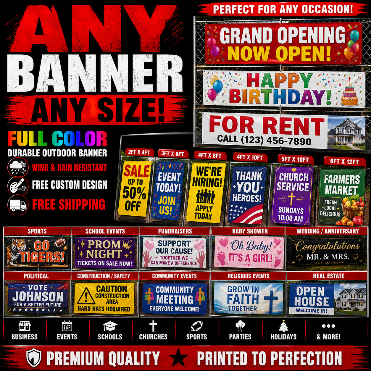 ANY BANNER ANY SIZE FREE DESIGN & SHIPPING RAIN & WIND RESISTANT OUTDOOR BANNER