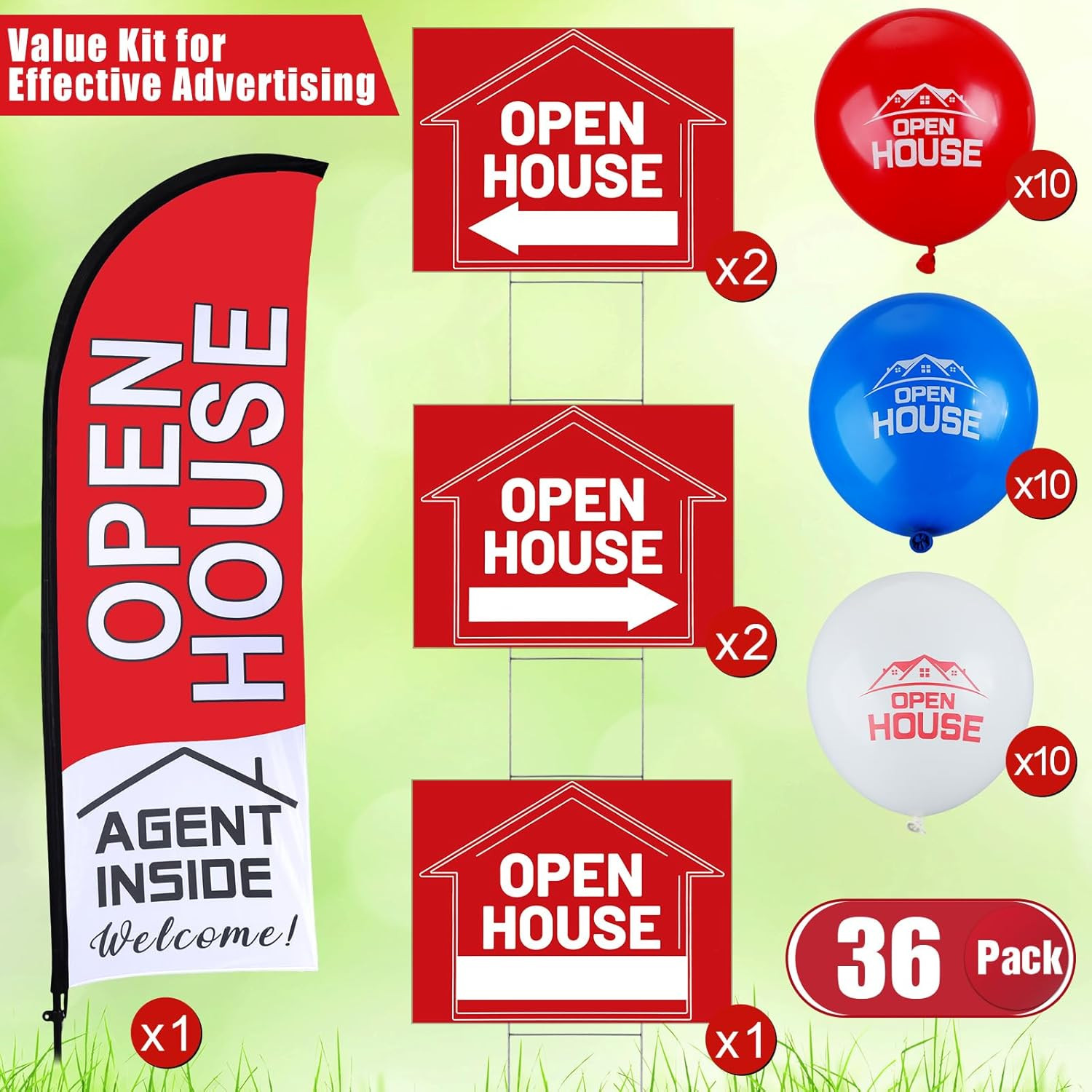 Open House Signs Set (36 Pcs Total), 1 Open House Flag with Pole Kit for Yard, 5