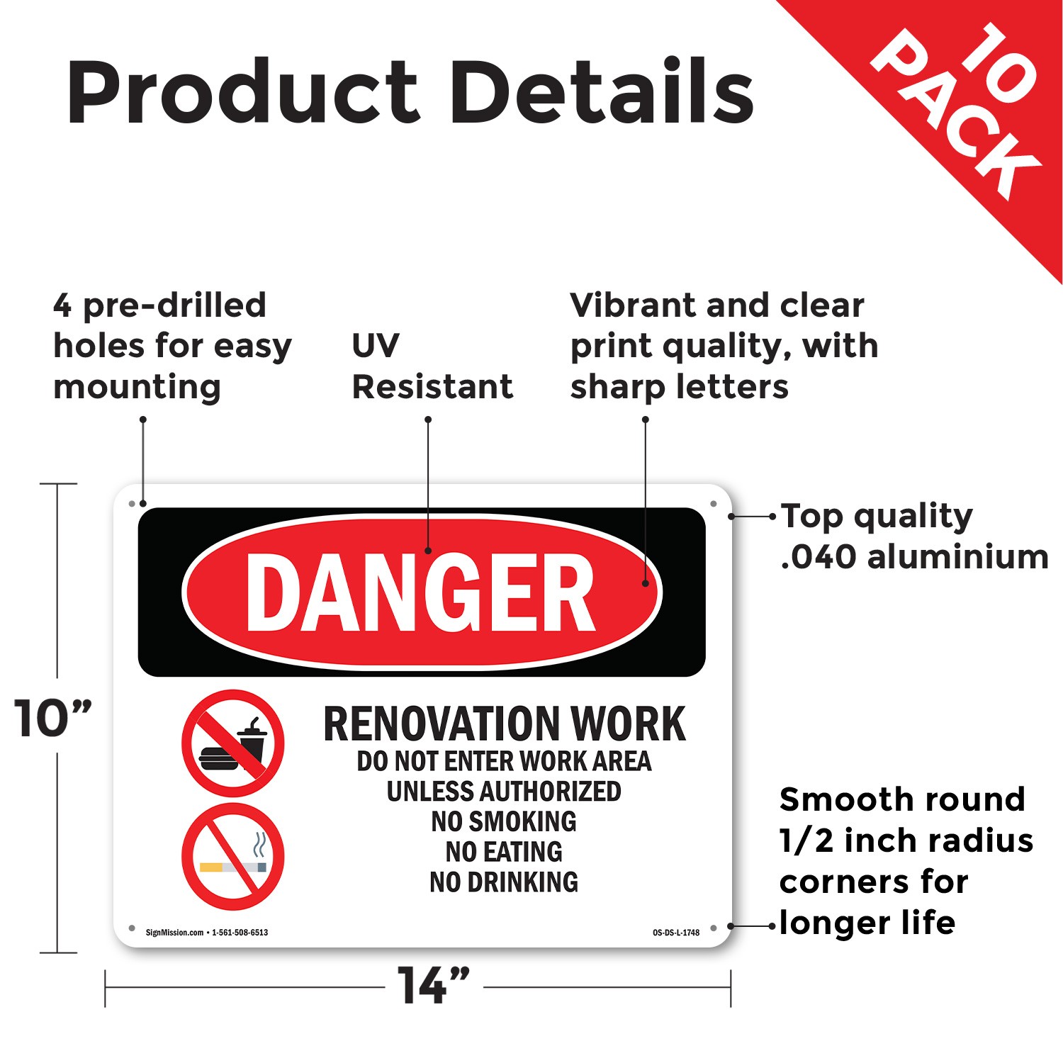 Renovation Work Do Not Enter Work Area OSHA Danger Sign Or Decal – 5 or 10 Pack