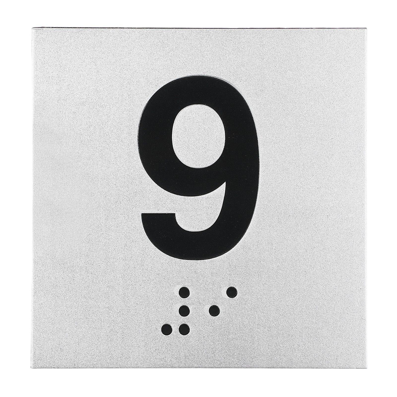 Exam Room Number Sign, 8″ x 8″ Number 9 Sign with Braille, Black on Silver