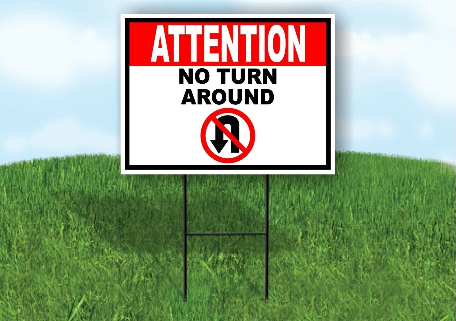 ATTENTION NO TURN AROUND red black Yard Sign Road with Stand LAWN SIGN