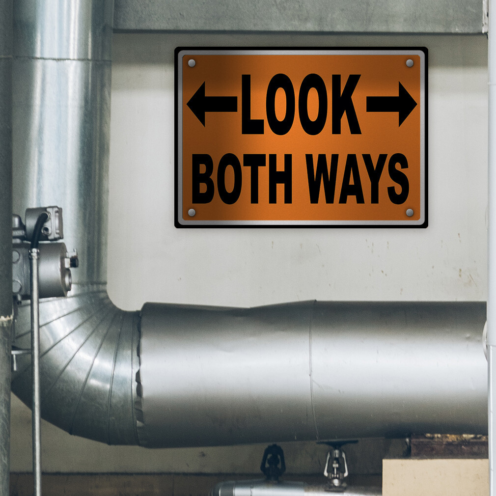 Horizontal Metal Sign Look Both Ways Orange Weatherproof Street Signage