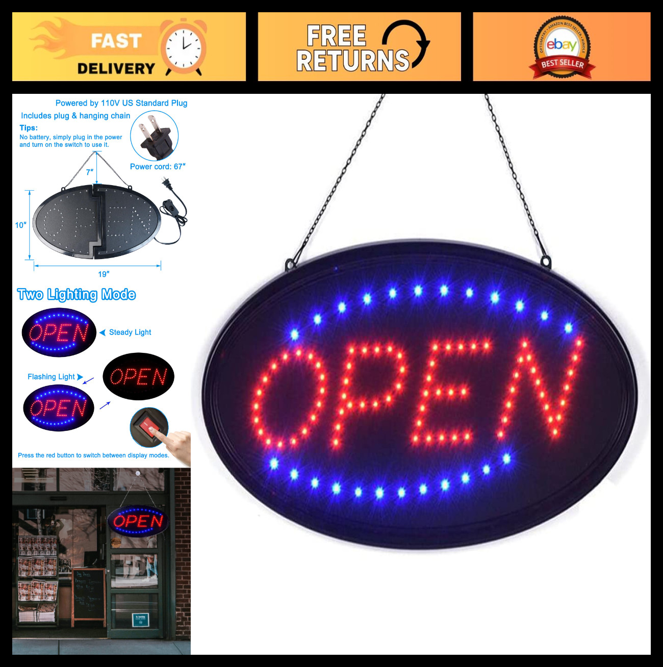 Bright LED Open Sign 19″x10″ – High Visibility Electric Display for Business, Ba