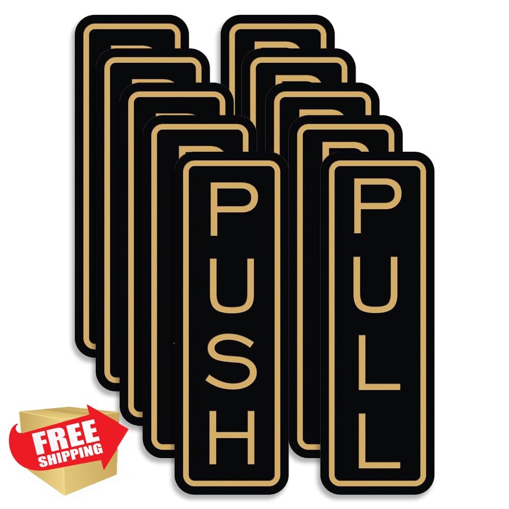 All Quality 5 Pack Vertical Push Pull Door Signs Black/Gold Medium
