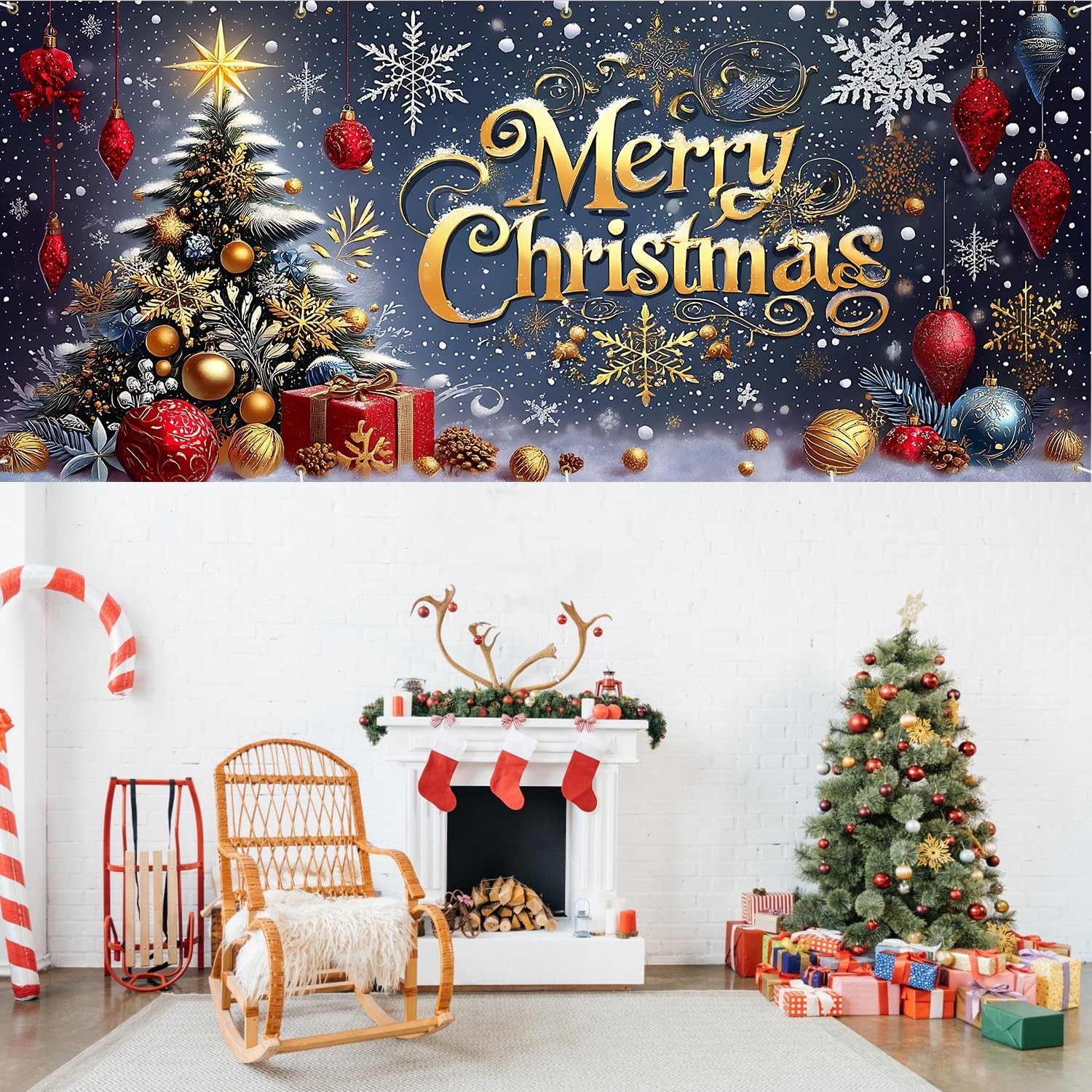 Luxury 13×6 ft Garage Door Banner – Gold Text, Snow Scene, Trees – Party Decor