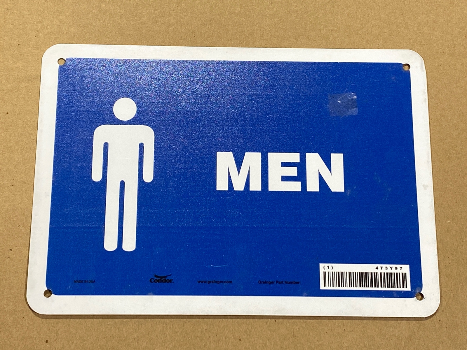 CONDOR 473Y97 Men Restroom Safety Sign, 7 in x 10 in, Aluminum Blue New
