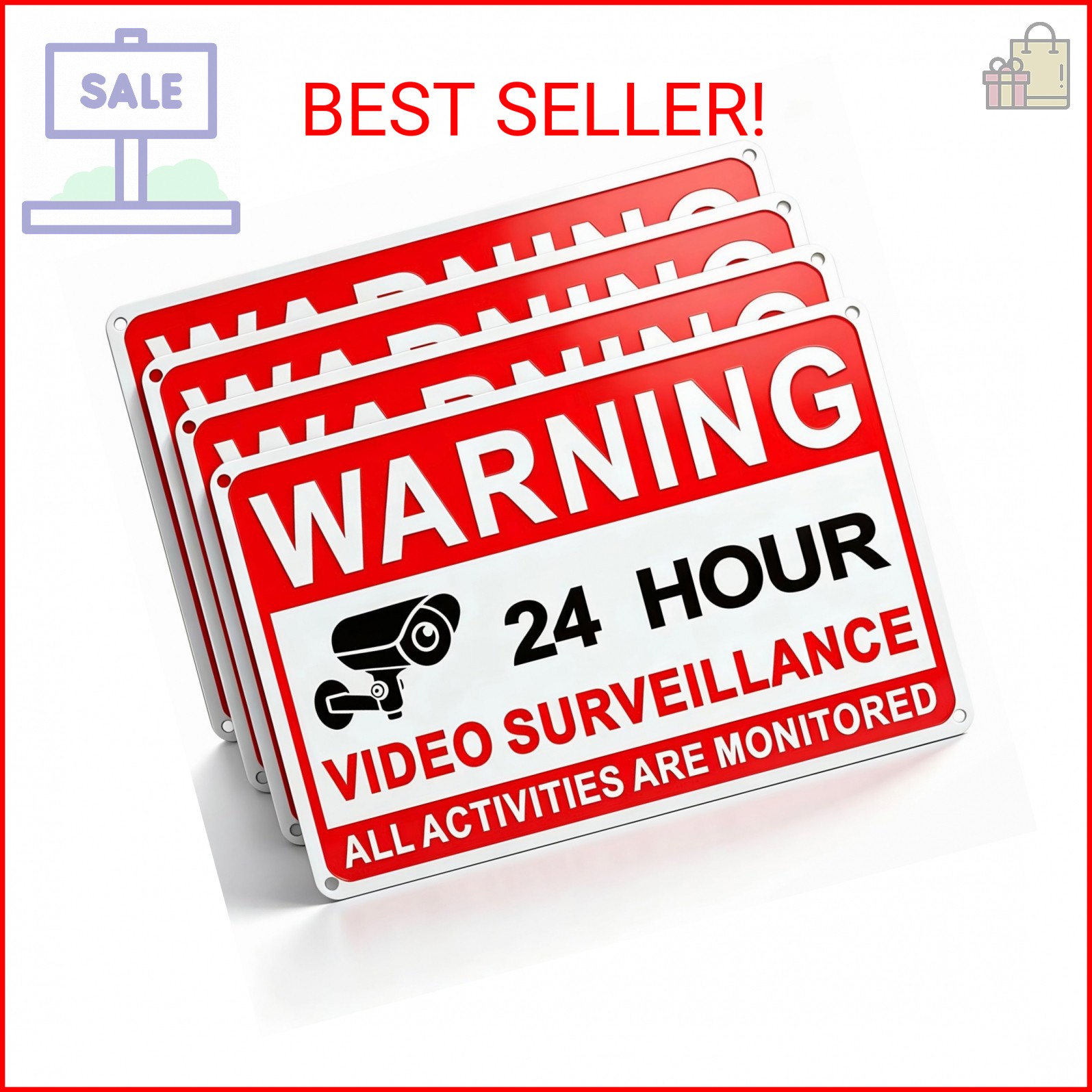 4 Pack Video Surveillance Signs, 24hr Monitoring No Trespassing Camera Sign