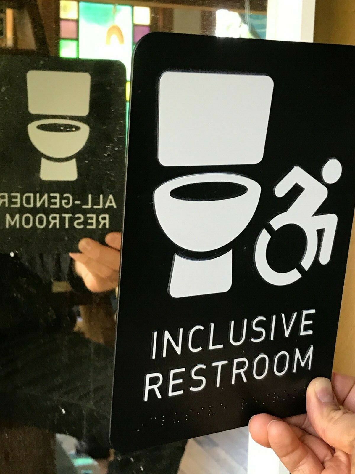 All Gender Restroom Sign • ADA certified braille toilet icon bathroom 
