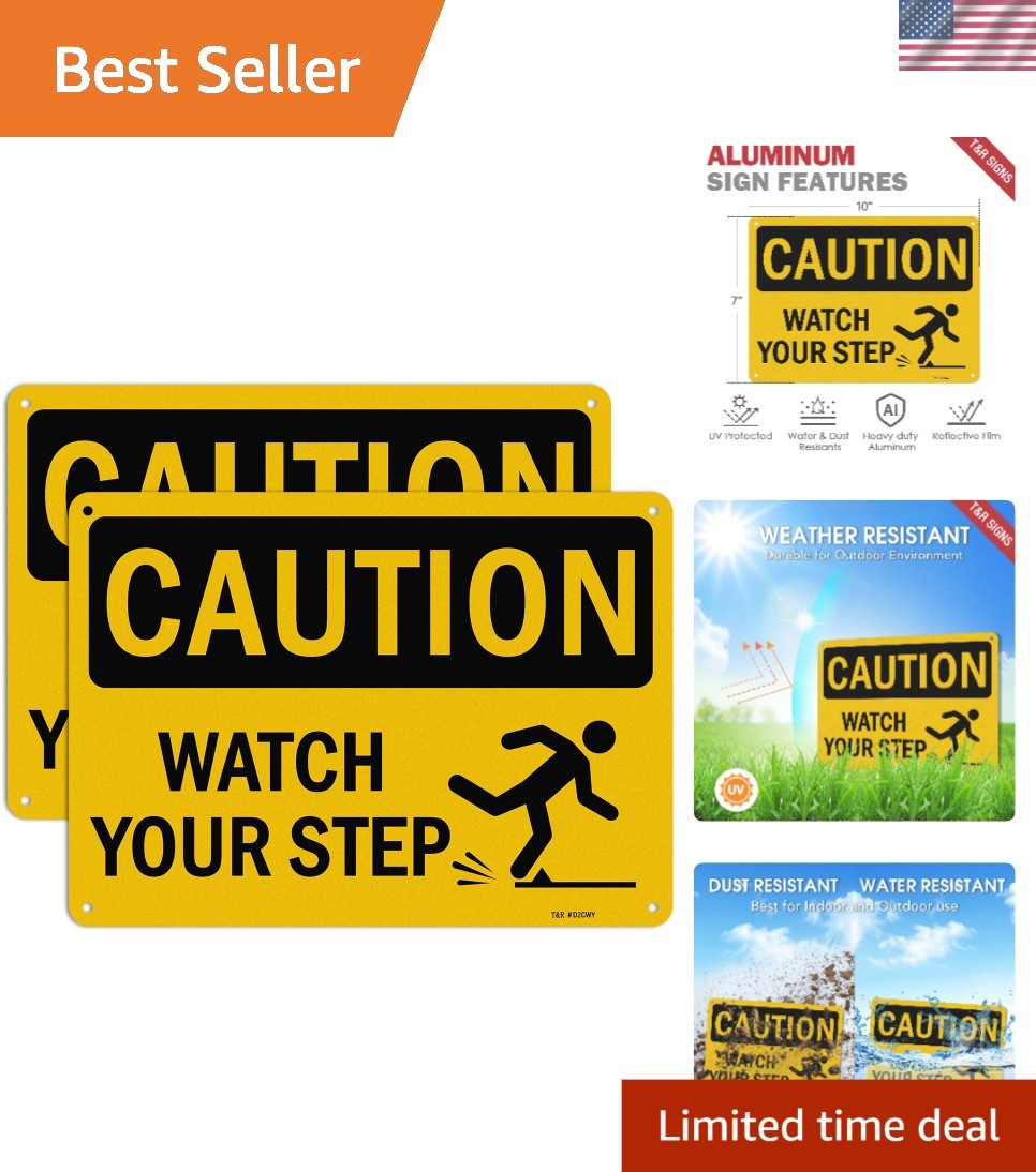 10 x 7 Inch Waterproof Caution Watch Your Step Signs – Rust-Free Aluminum Pair
