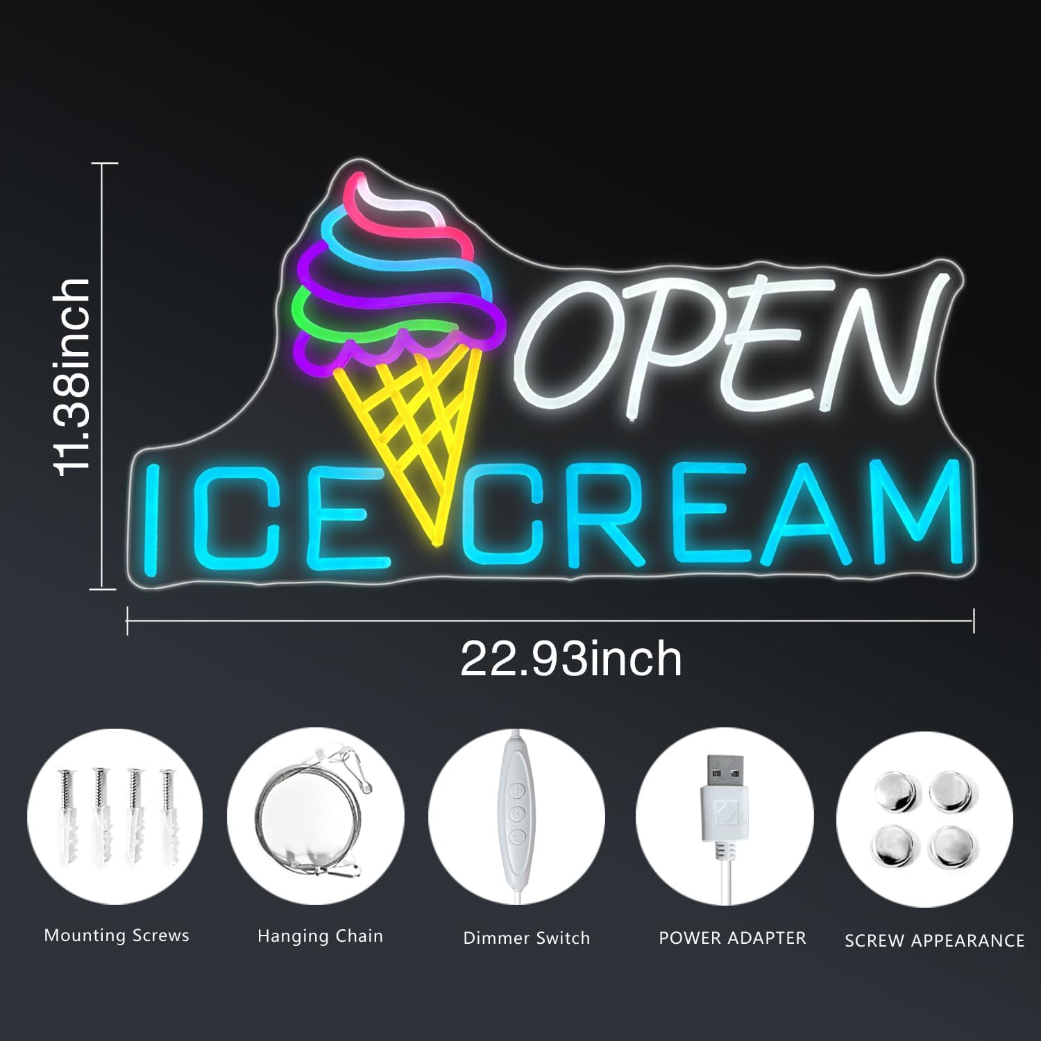 Ice Cream Sign 22.4×11” Ice Cream Open Shop Neon Signs USB Powered Bar Sign Lig
