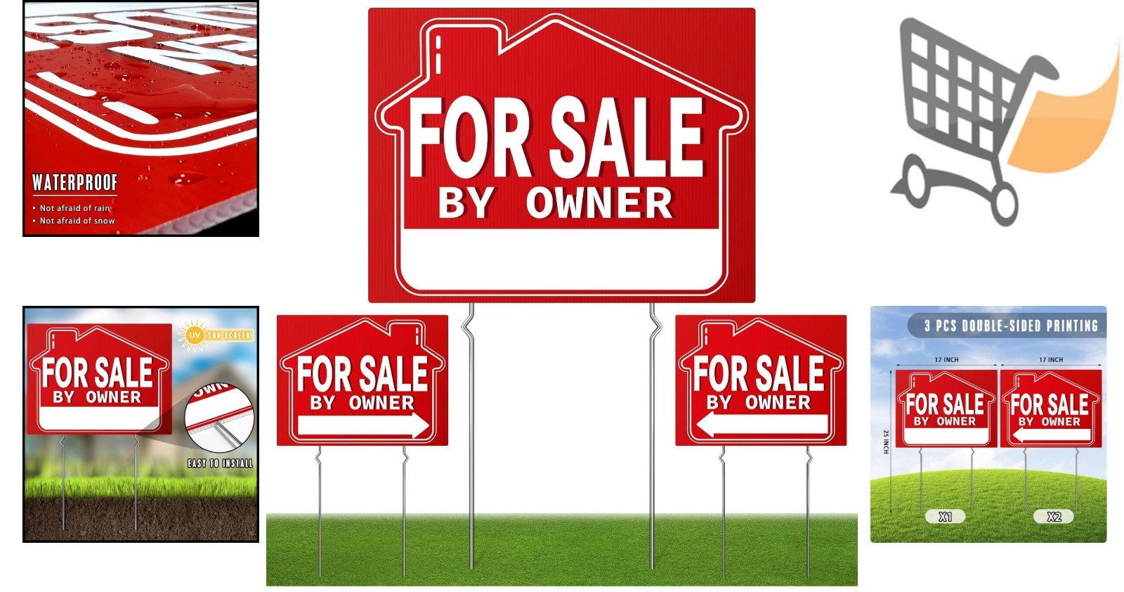 For Sale By Owner Yard Sign 3 Pack 18X14 Double-Sided Signs with Metal Stakes