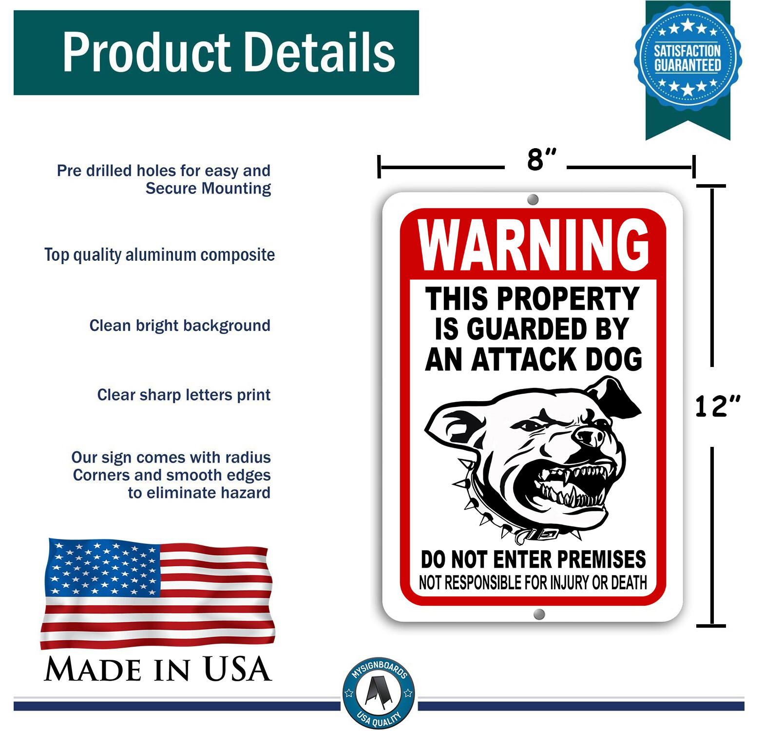 BEWARE OF DOG Sign Attack Dog on Duty Guard Dog 8″x 12″ Aluminum Metal Warning