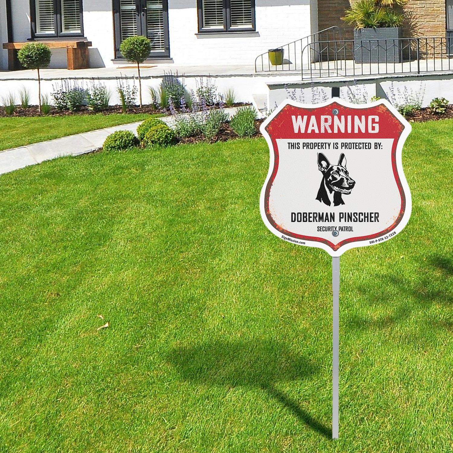 Warning Property Protected by Doberman Pinscher Made in Shield Sign With Stake