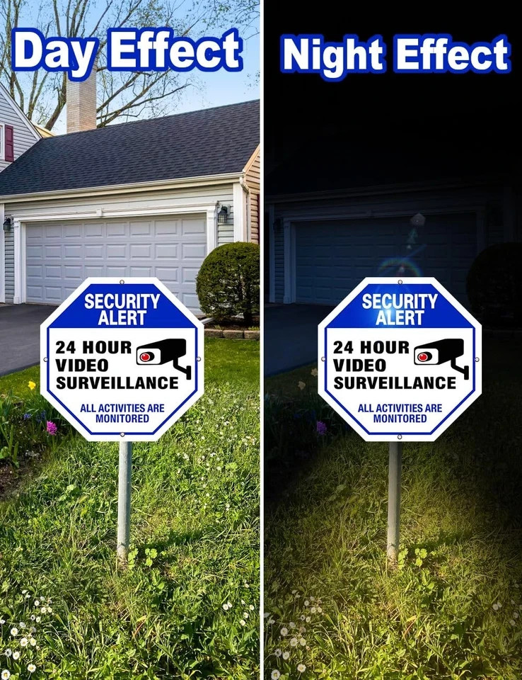 Video surveillance sign, 4-pack security camera signs, reflective