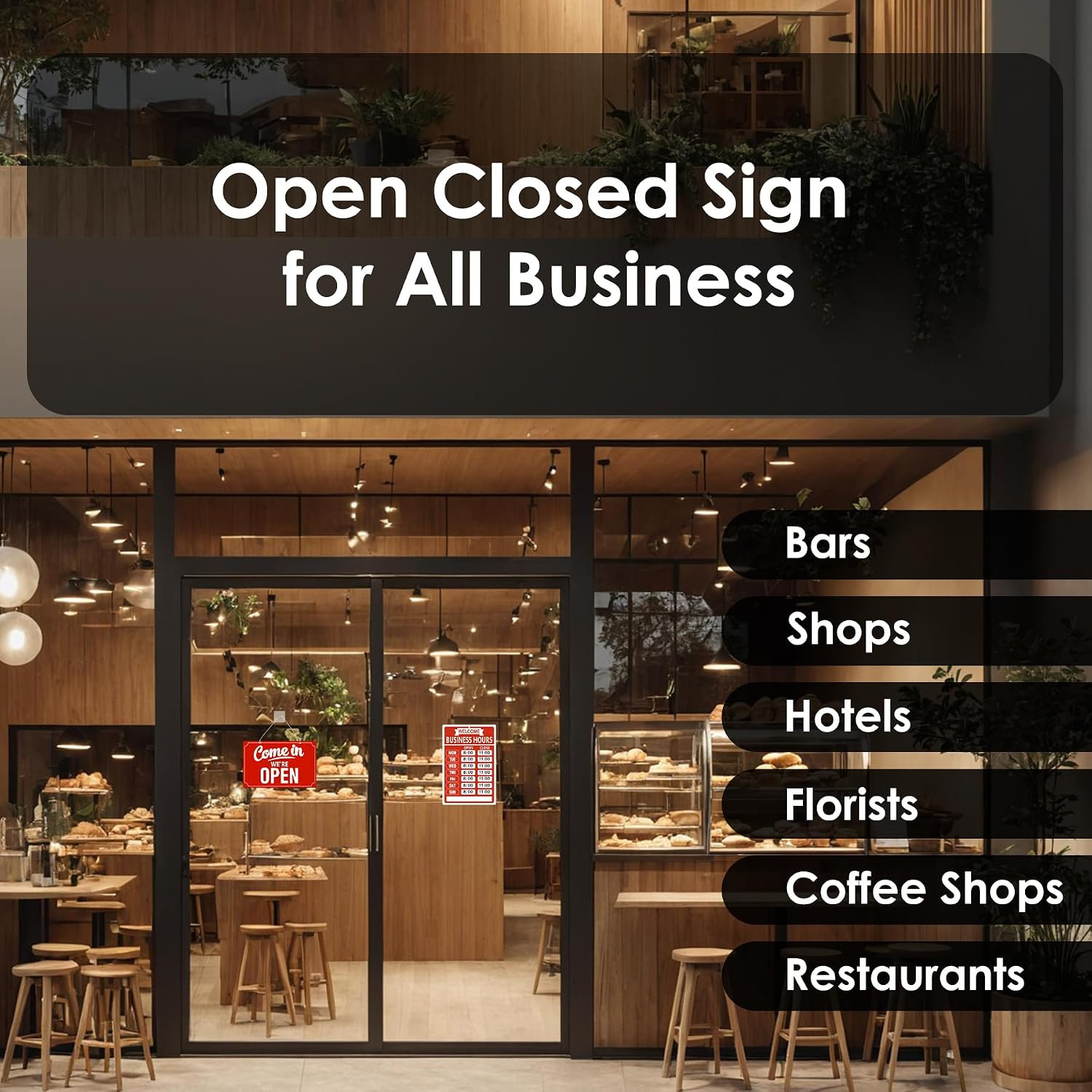 Open Closed Flip Sign Set, Business Hours Sign for Window Door, Black Double Sid