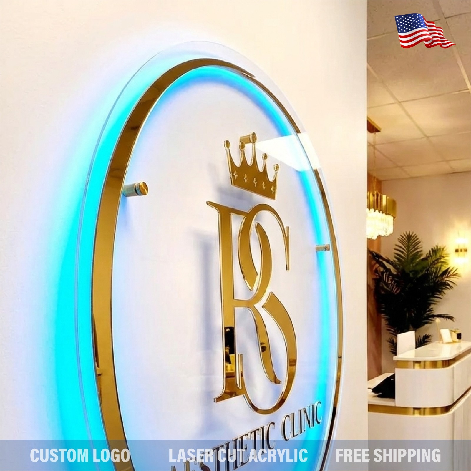 Custom Round Acrylic Logo Wall Sign LED Halo Backlit Mirror Finish