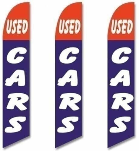 Three (3) Pack Full Sleeve Swooper Flags USED CARS Red Blue w Big White Text
