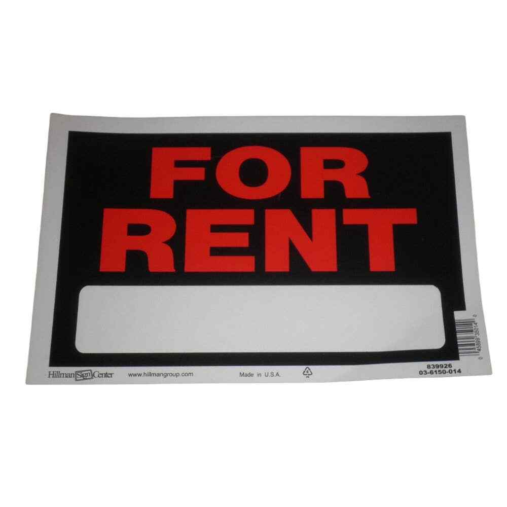 8 x 12 In. FOR RENT sign, Black w/ Red Letters and White Space for more Info