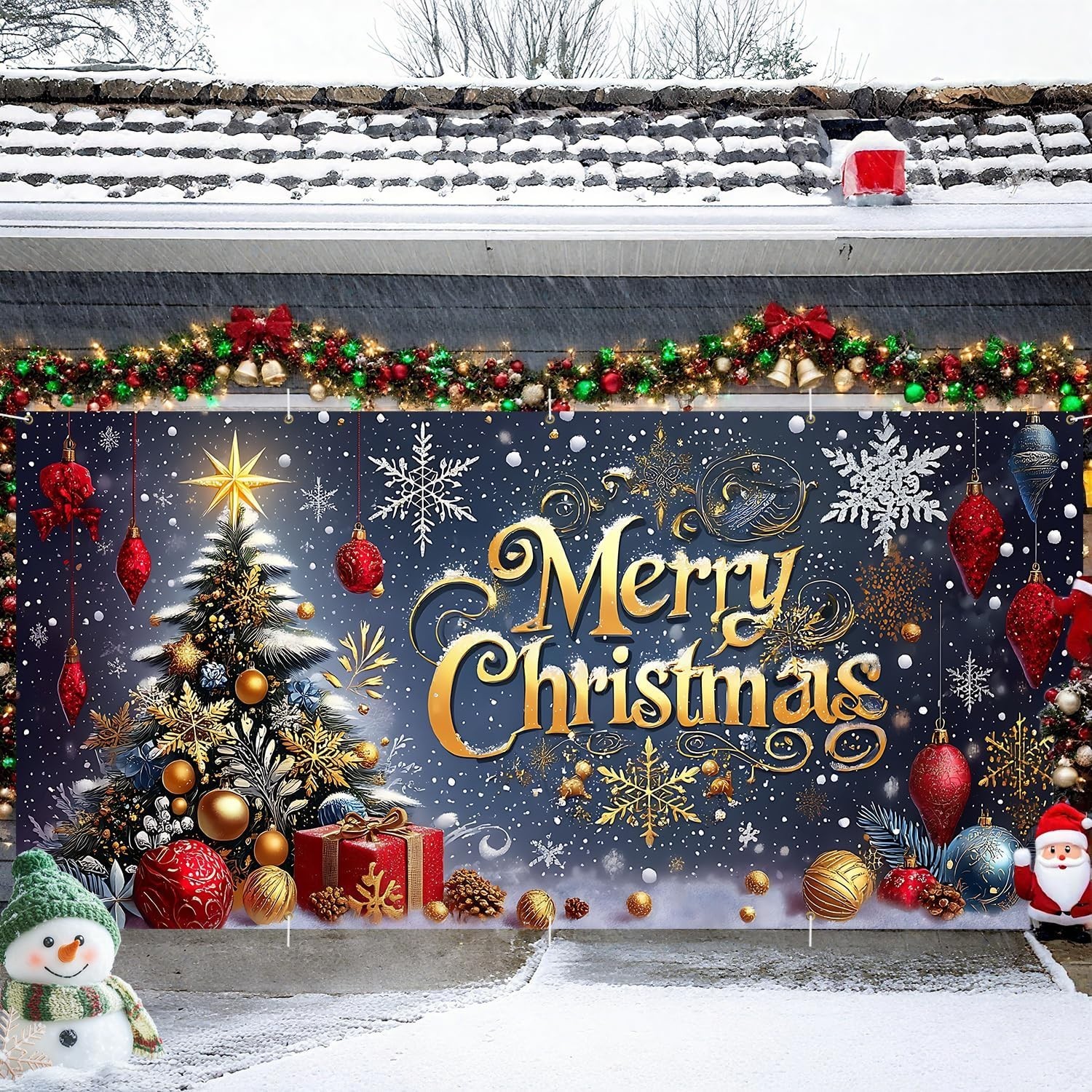 Luxury 13×6 ft Garage Door Banner – Gold Text, Snow Scene, Trees – Party Decor