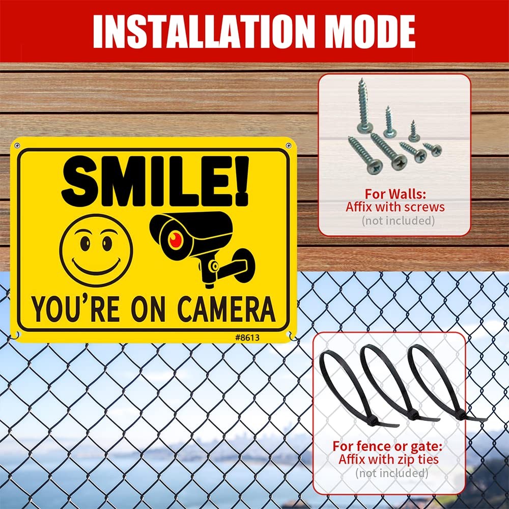 2-Pack Smile! You’re On Camera Signs, 10×7 Inch Funny Security Signs with Smi…