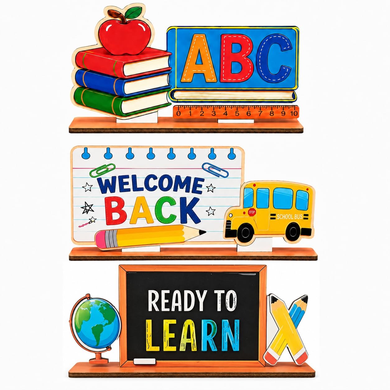 3Pcs Back to School Decorations, Wooden Double Sided Table Sign Set, First Da…