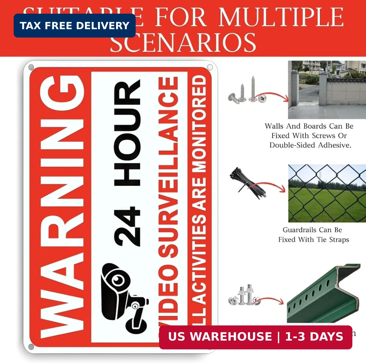 4 Pack Video Surveillance Signs, 8 x 12 Inch Aluminum Camera Signs, CCTV Securit
