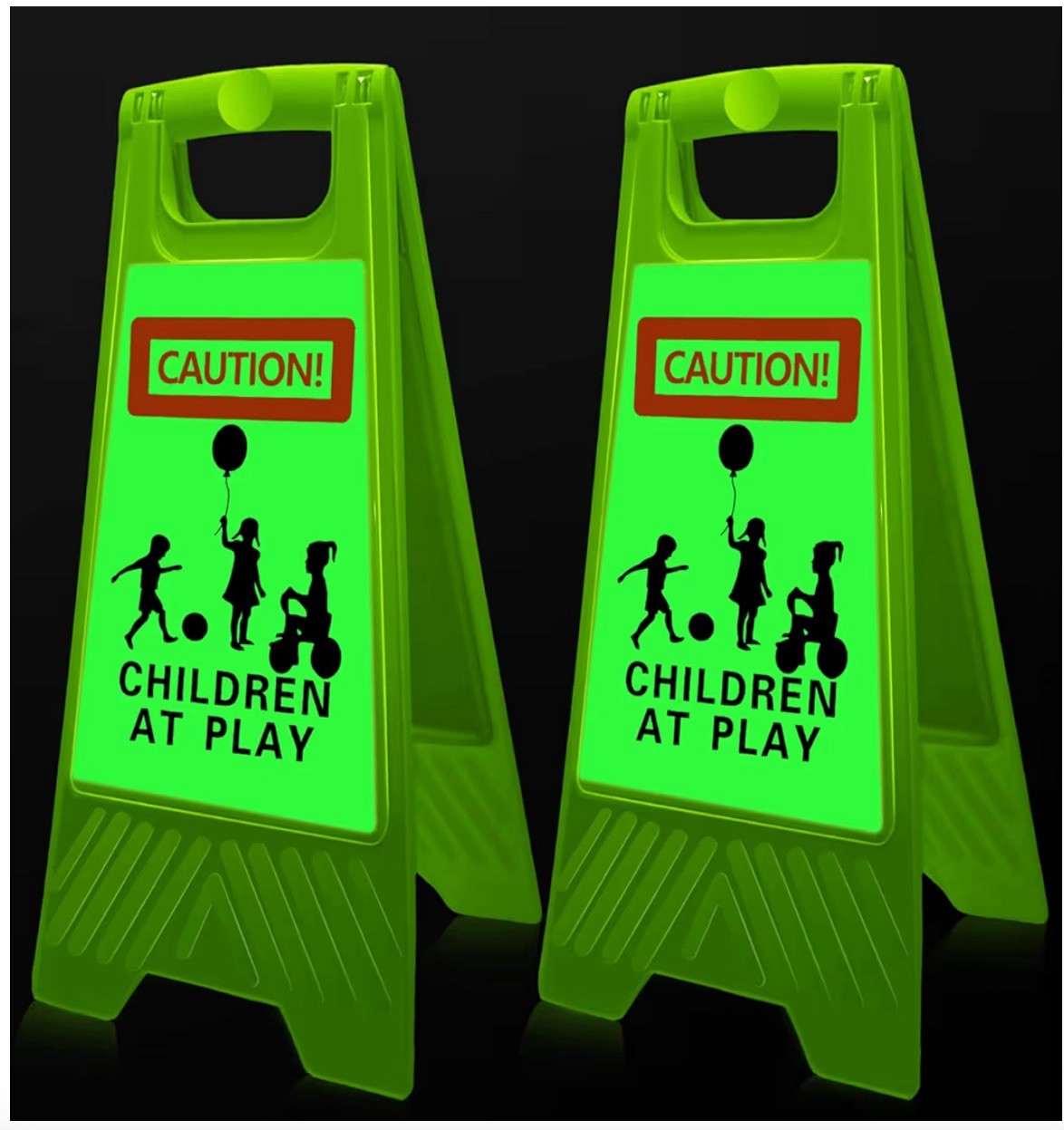 4pcs Reflective Kids at Play Sign Double Sided 24in Portable Handle Green