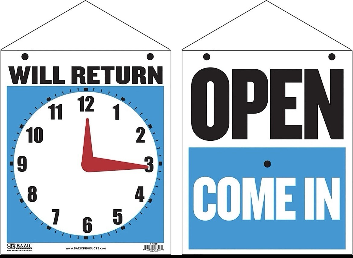 BAZIC Open Sign 7.5″X9″, Clock Will Return Will Be Back, Double Sides Plastic Vi
