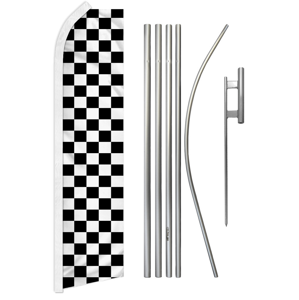 Black & White Checkered Advertising Swooper Feather Flutter Flag & Pole Kit