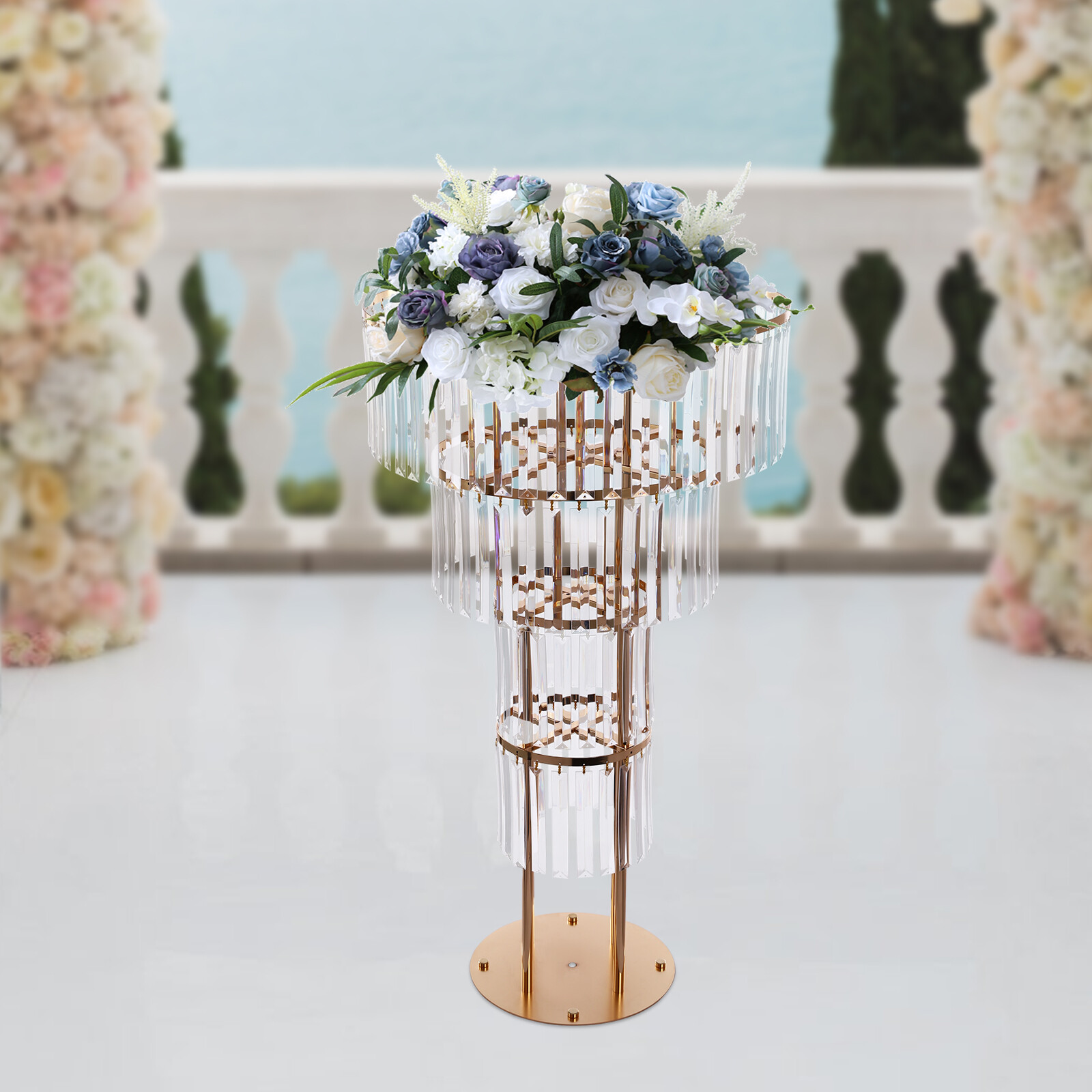 Wedding Gold Crystal Flower Stand, Round Pedestal Stand, Crystal Flower Stand