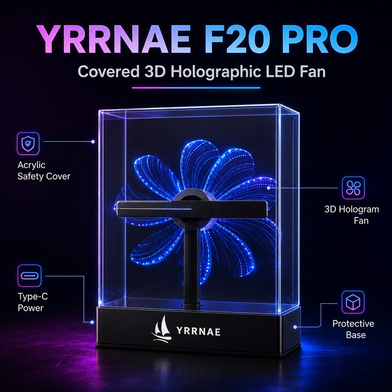 YRRNAE 3D Hologram Fan Display 8in LED Sign WiFi App Cover 1500 Videos 1080P