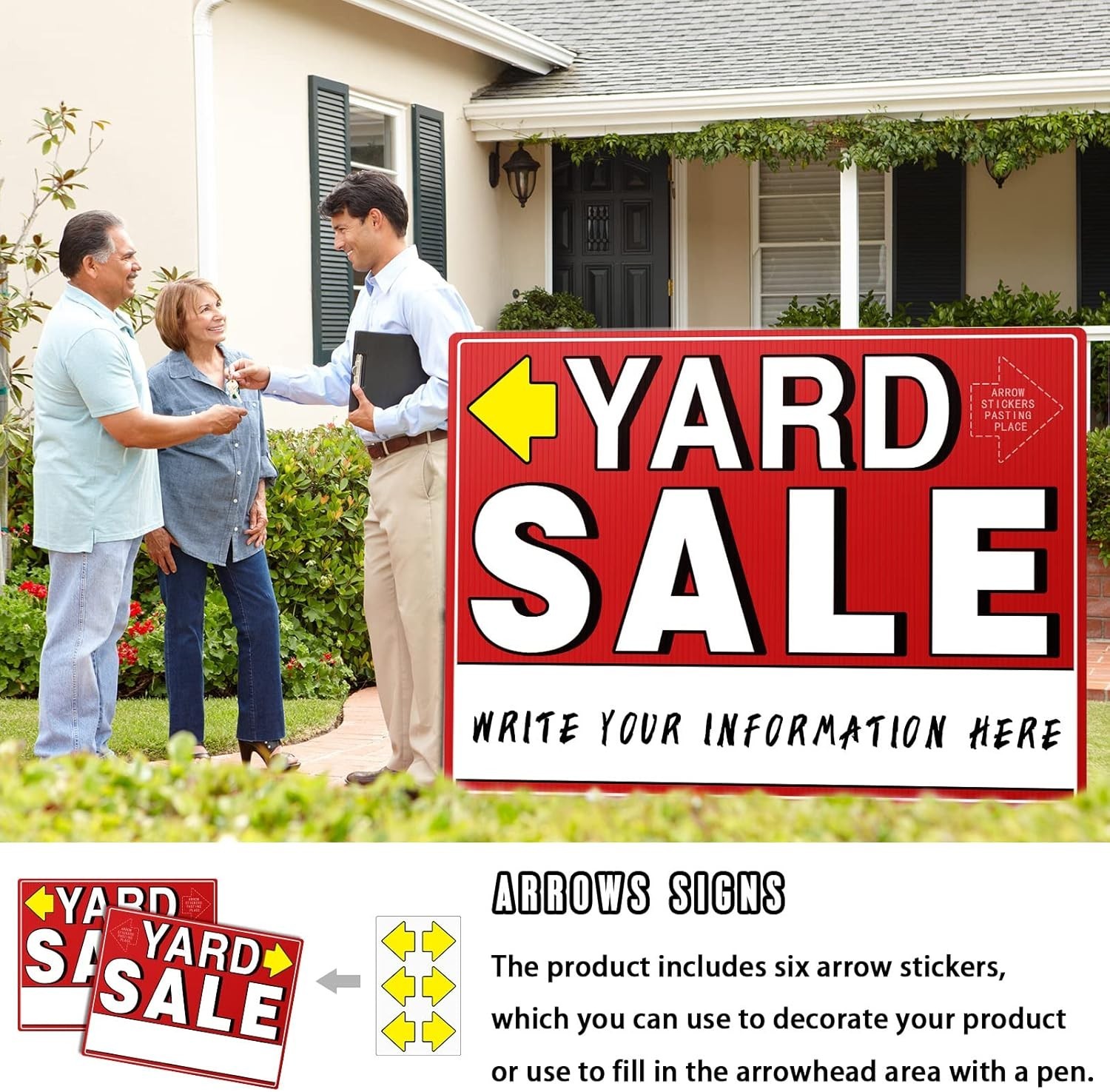 Yard Sale Signs 3 Pack Weatherproof Plastic 17×13 Inches with Stakes and Arrows